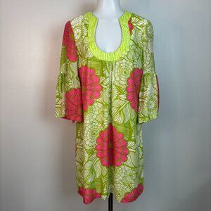 Trina Turk Shift Dress 6 Green Pink Floral Retro 100% Silk Bell Sleeve Women's